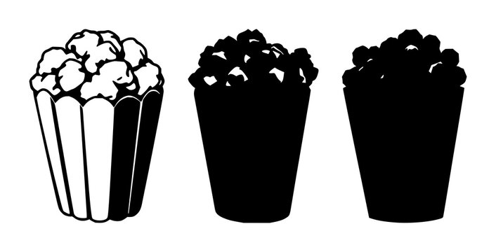 Popcorn set with black silhouettes on white background featuring snack, movie theater, buttery treat with white and popcorn kernels