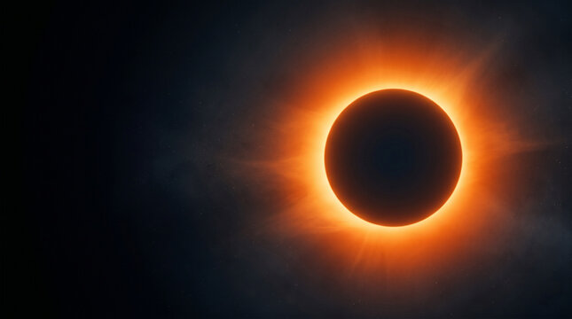 A dramatic visualization of a total solar eclipse featuring a glowing orange corona against a dark space background. Ideal for astronomy content, educational materials, science projects, and cinematic