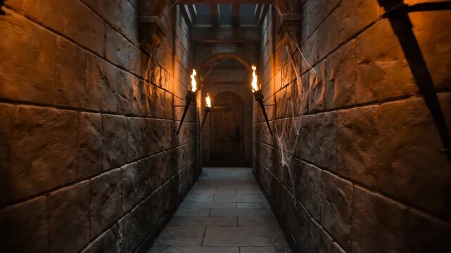 Tracking shot through a narrow stone castle corridor lit by iron torches. Medieval dungeon hallway with spider web cobwebs on textured brick