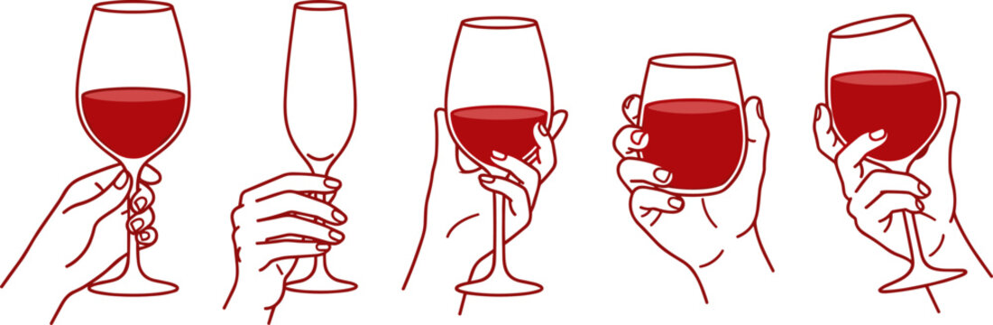 A vector illustration of five wine glasses with varying levels of red wine, each held by a hand in a unique position, showcasing different grips and angles.