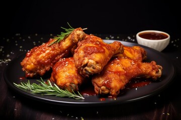 Fototapeta premium Golden brown chicken drumsticks served on a dark plate with bbq sauce and fresh rosemary
