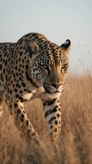Naklejka premium Majestic jaguar stalking through tall golden grass at sunset, with glowing amber eyes, detailed rosette fur, and cinematic backlit wildlife atmosphere.