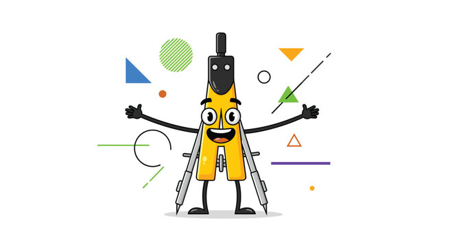Happy cartoon character shaped like a drafting compass smiles with arms open wide among colorful geometric background shapes.