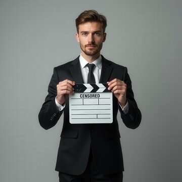 Midsection of a suited European man holding a white film clapperboard marked CENSORED against a neutral grey studio background, clean minimalist cinema concept.

