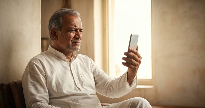 Elderly Man Confused Using Smartphone Technology