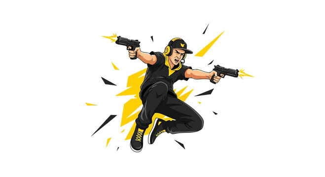 Dynamic gaming character striking a pose with dual pistols emitting energy flashes