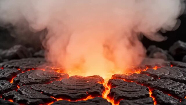 Volcanologist using a metallic probe to examine cooling lava surface with rising steam. Scientific research of hot molten rock in volcanic environment. Extreme close up of geothermal energy study