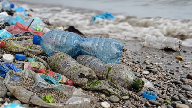 Plastic pollution on a beach with waves washing ashore.