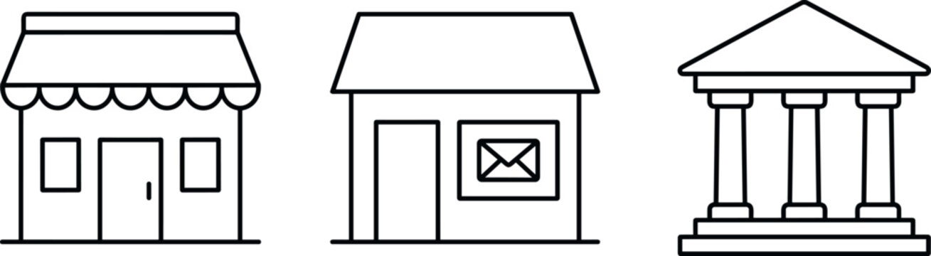 Black and white line drawings of three distinct building facades including a storefront with scalloped awning a simple house with a mailbox and a classical temple with columns on a base