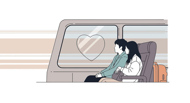 Couple on Train Journey Looking at Heart Window - Love and Romance Illustration