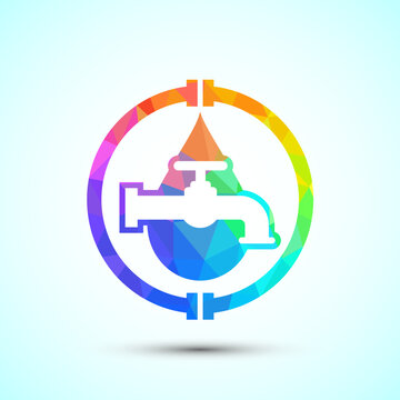 Plumbing service icon with abstract water drop and pipe symbol colorful design.