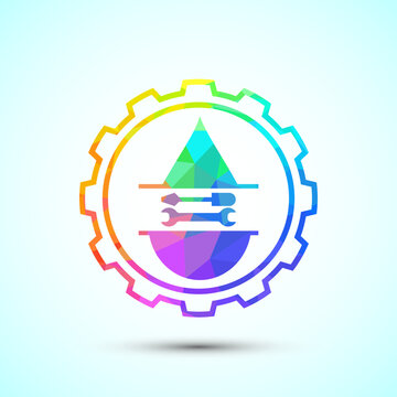 Plumbing and engineering service logo with colorful abstract water drop gear wrench.