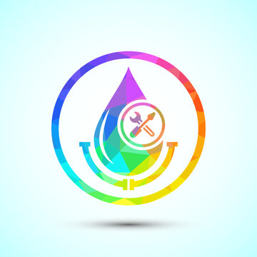 Plumbing repair service logo with colorful abstract water drop wrench and pipes.