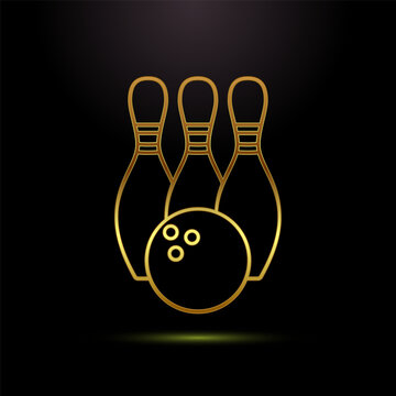 Golden bowling pins and ball symbol with black background.