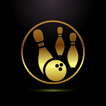 Golden bowling pins and ball in circular frame.