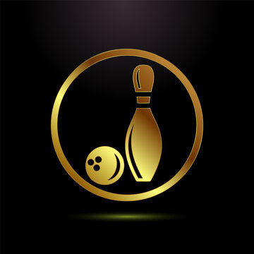 Golden bowling pin and ball inside circle symbol representing sport and game.