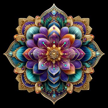 Geometric floral pattern with faceted gemstones in gold setting