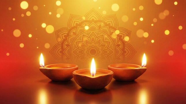 Diwali Festival Background with Three Glowing Diyas and Decorative Mandala Design. Happy Diwali - Clay Diya lamps lit during Diwali, Hindu festival of lights celebration.