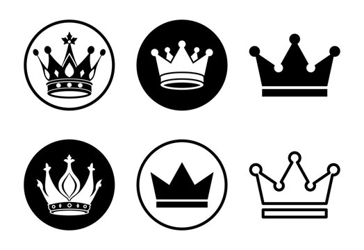 Black and white collection of royal crown silhouettes for branding and logo use.