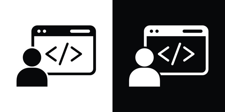 Developer icon showing a user avatar with a code snippet tag inside a browser window, symbolizing web programming, software development, coding skills, and technical support.
