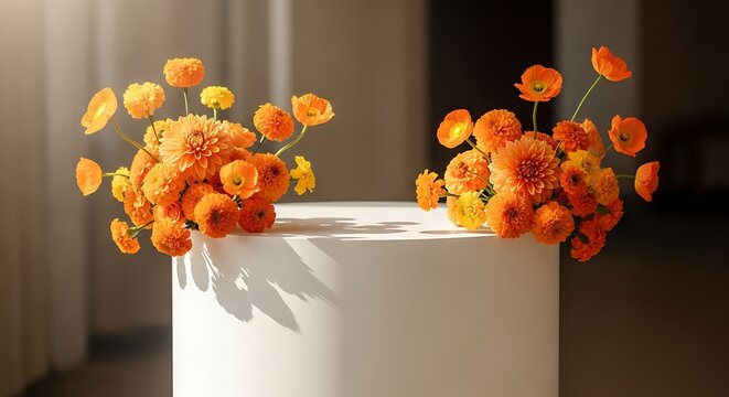 Orange flowers on white pedestal, bright sunlight, floral arrangement.