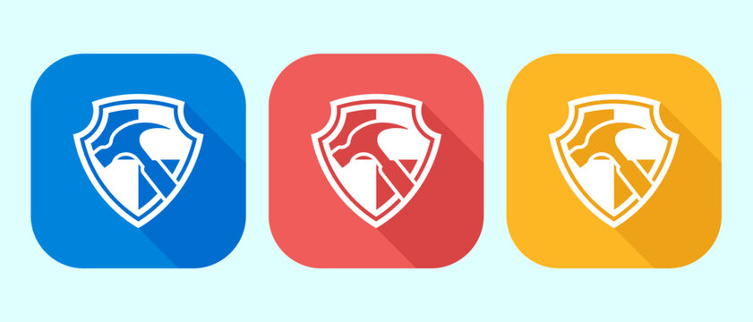 Shield emblem with hammer icon for durable building material safety and strength.