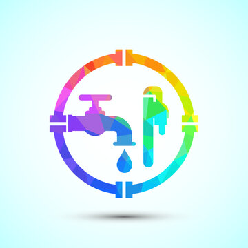 Plumbing faucet leak repair service logo with colorful abstract pipes and wrench.