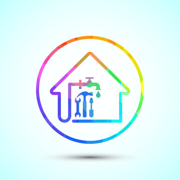 Home plumbing repair and maintenance tools inside house outline with colorful abstract background.