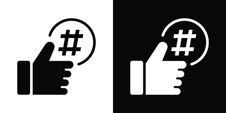 A social media engagement icon featuring a thumbs up hand gesture with a hashtag symbol, ideal for representing likes, viral content, social trends, digital marketing, and positive feedback.