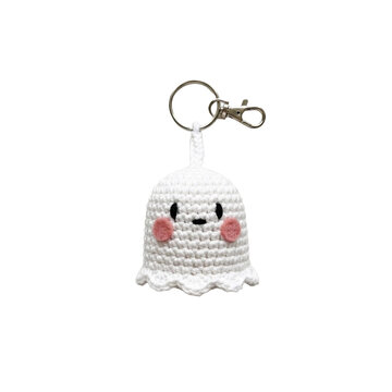 Handmade amigurumi ghost keyring with pink cheeks, transparent background