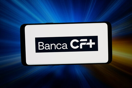 Stuttgart, Germany - 04-10-2026: In this photo illustration, the logo of Italian financial company Banca CF S.p.A. is displayed on a smartphone in front of abstract background on computer screen.