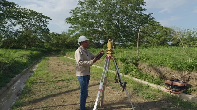 Surveyor using total station equipment for land measurement