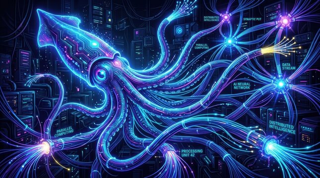 Giant Squid Tentacles Entwined With Data Network in a Futuristic Digital Environment Showing Advanced Technology in Action