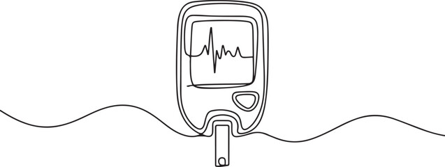 Obraz premium Continuous Line Art Blood Glucose Meter with EKG Wave, Glucose Monitoring Tools Line Art. one line Icon drawing