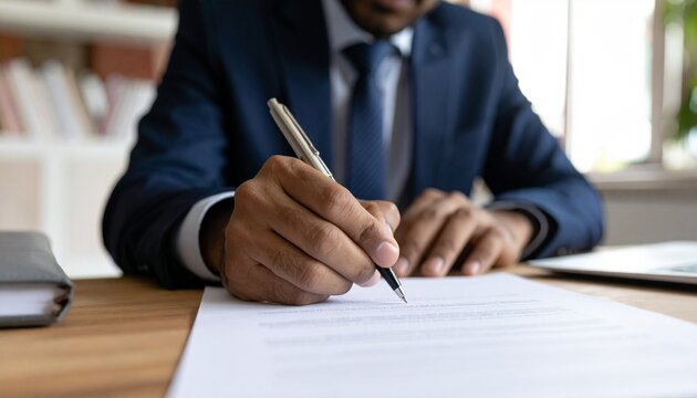 A professional individual, focused on writing with a pen on paper, in office setting, details on a contract signing moment