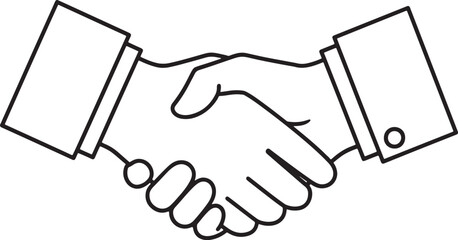 Obraz premium Two hands in a firm handshake, depicted as a simple black outline on a white background, symbolizing agreement and partnership also transparent background