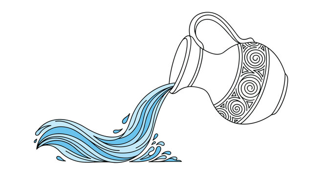 Traditional decorated clay jug tilted to pour out refreshing blue water in a wavy stream for hydration and purity concepts.