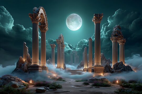 Ancient egyptian temple ruins at night with full moon