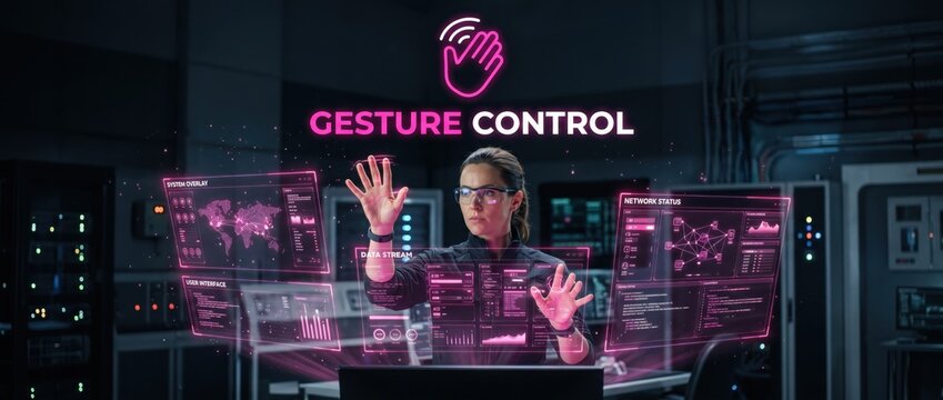 Woman interacting with holographic futuristic interface using gesture control technology