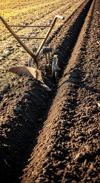 A heavy, antique agricultural plow tool cutting deep furrows through fertile soil, illustrating traditional farming methods and tillage preparation, vintage, cultivation, rural
