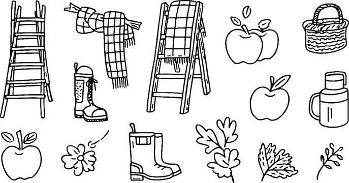 Sketch style apple orchard sticker sheet featuring ladders boots plaid scarf apples and thermos for autumn planner and scrapbooking