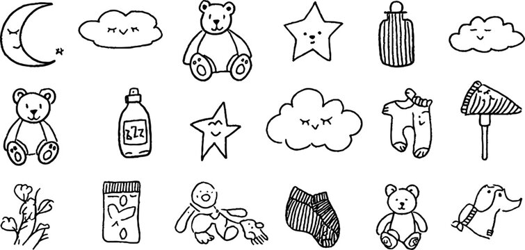 Baby shower moon teddy bear cloud bottle hand drawn sticker sheet with toys socks stars for invitation background and nursery decor printable line art set