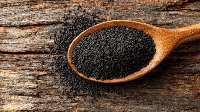 Black cumin seeds in wooden spoon on rustic background natural ingredient for healthy food and medicine.