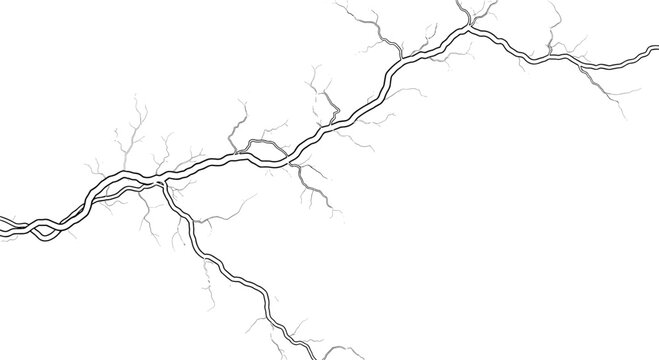 Minimalist black and white map-like illustration of a main river or branch splitting into smaller tributaries across a clean white background.