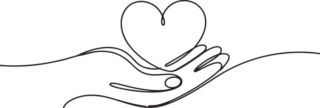 Heart in hand, continious line drawing. Love, charity, help, support outline. Vector illustration. one line Icon drawing