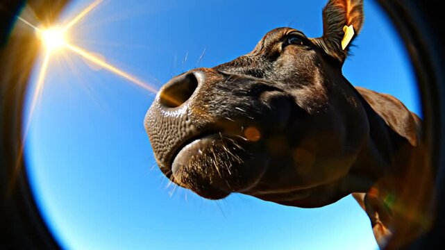 Low angle fisheye view of a brown cow opening its mouth against a clear blue sky and bright sun