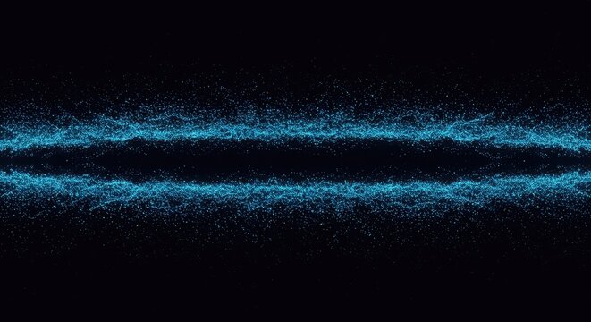 Abstract dark blue field of synchronized, energetic quantum particle waves moving in a complex, rhythmic, pulsating flow, futuristic, blue, synchronized