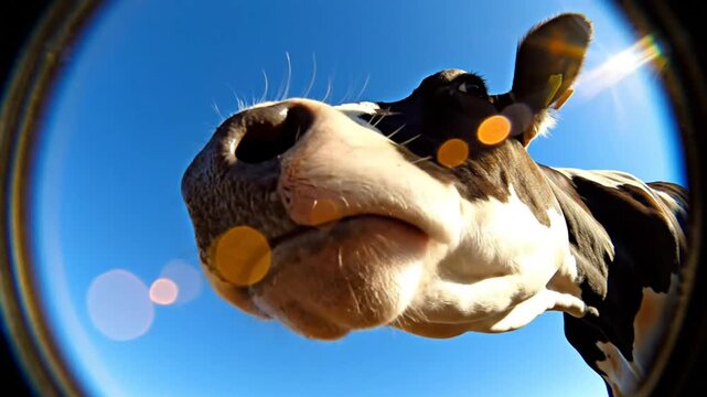 Low Angle Fisheye View of Curious Black and White Cow Mooing in the Bright Blue Sky