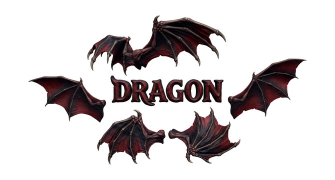 3D dragon and bat wings collection with leathery textures and central typography isolated on white