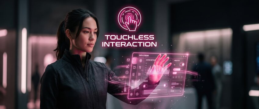 Woman using holographic interface with touchless gesture recognition technology